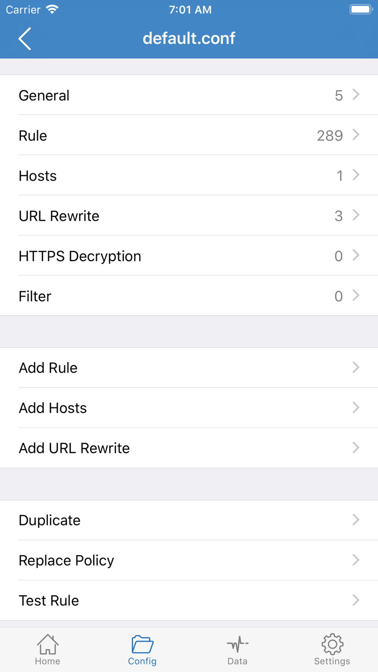 Shadowrocket 的 Config 設定檔編輯官方介面，顯示 General、Rule、Hosts、URL Rewrite、HTTPS Decryption 與 Add Rule