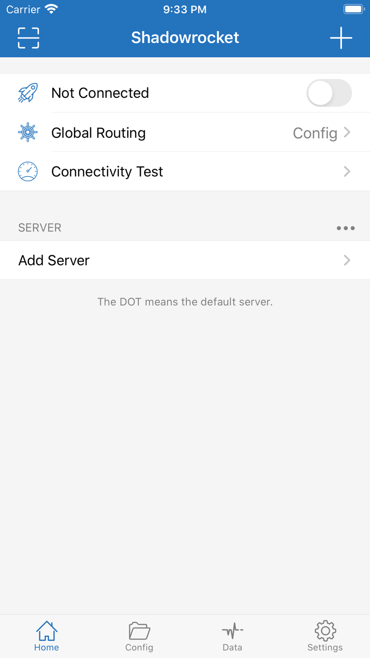 Official Shadowrocket Home screenshot: Not Connected, Global Routing, Connectivity Test, and the SERVER section