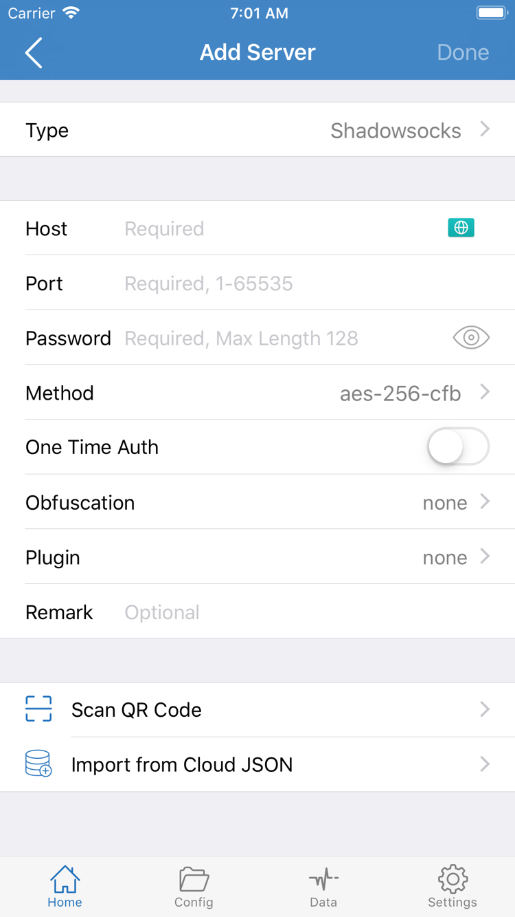Official Shadowrocket Add Server screenshot: Type, Host, Port, Password, Method, Scan QR Code, and Import from Cloud JSON