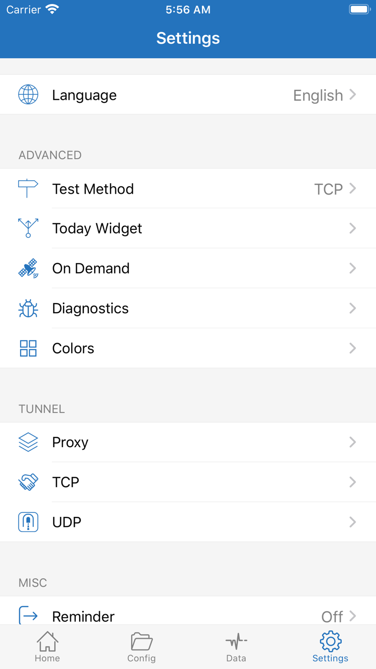 Shadowrocket 的 Settings 官方介面，顯示 Language、Test Method、Today Widget、On Demand、Diagnostics、Proxy、TCP 與 UDP